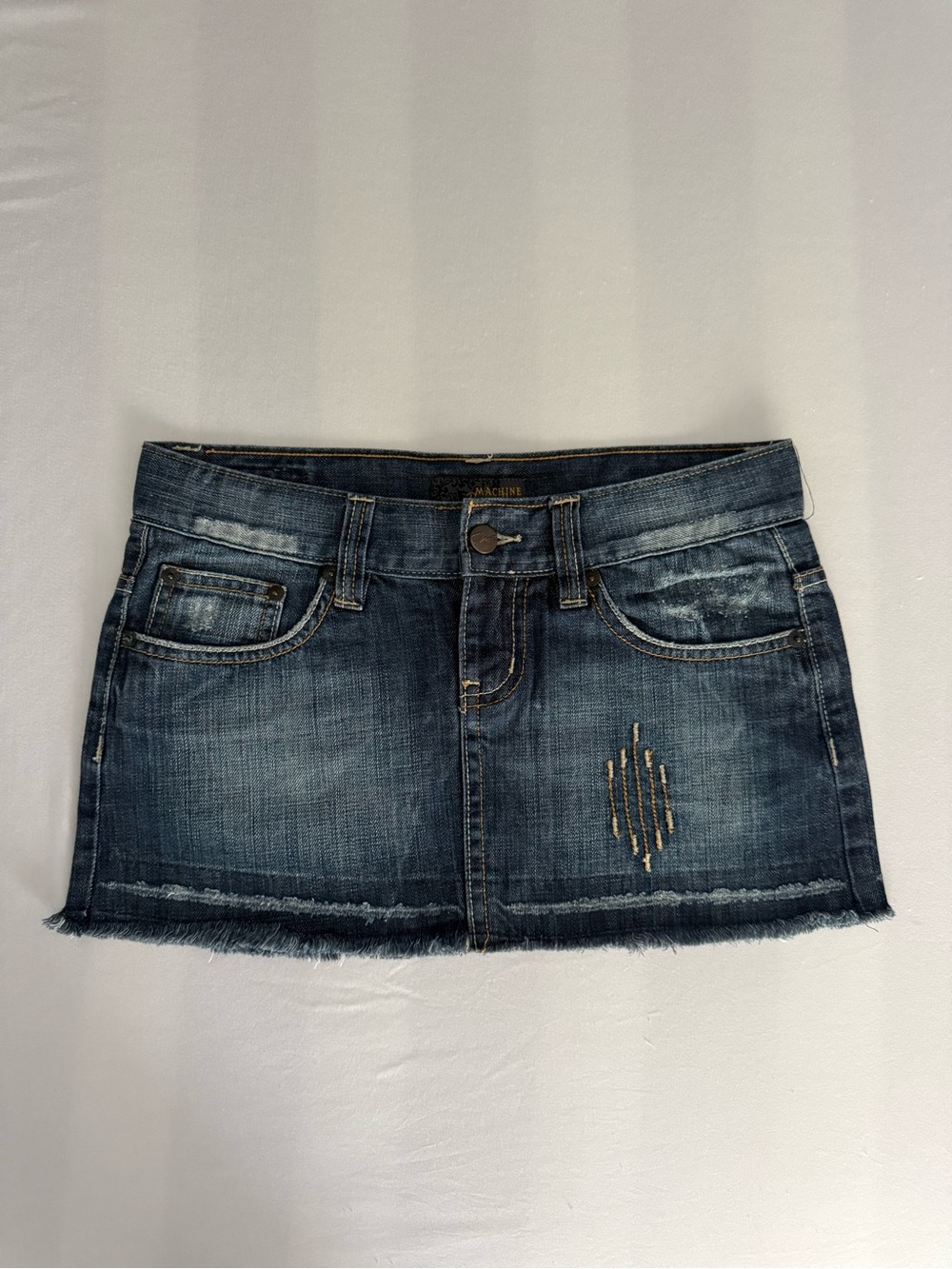 Machine Dark Blue Distressed Denim Mini Skirt